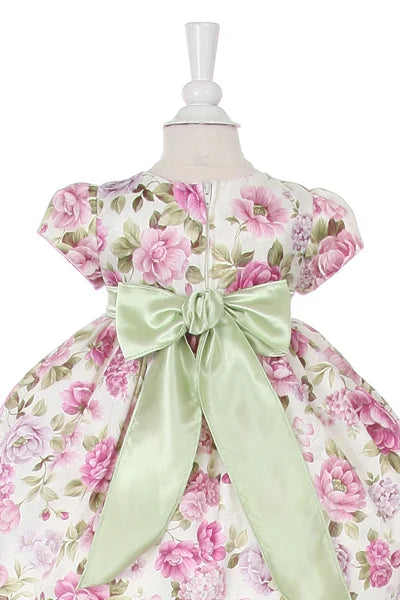 Little girl baby elegant flower printed jacquard dress with matching hat and flowers