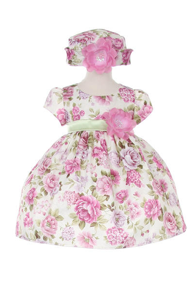 Little girl baby elegant flower printed jacquard dress with matching hat and flowers