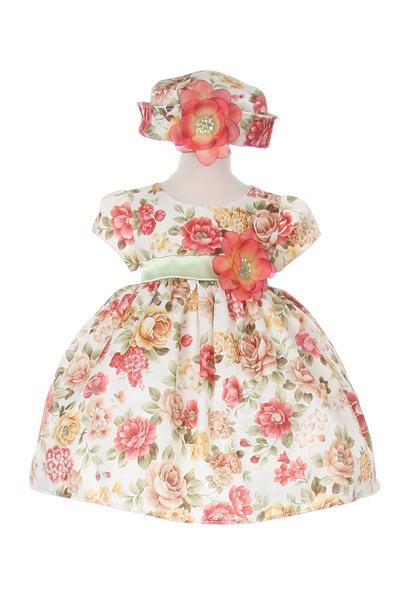 Little girl baby elegant flower printed jacquard dress with matching hat and flowers