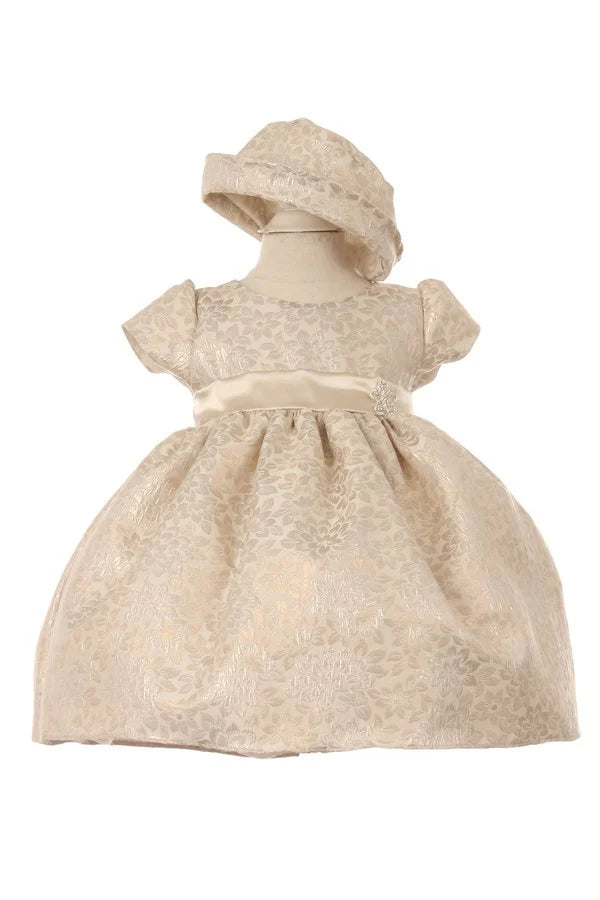 Little baby girl elegant colored two tone jacquard dress with hat and brooch