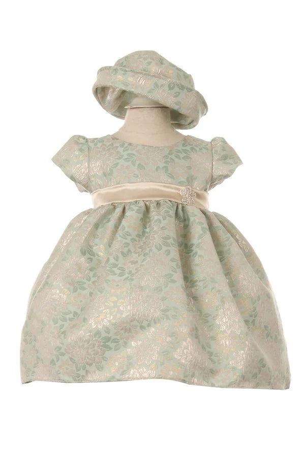 Little baby girl elegant colored two tone jacquard dress with hat and brooch