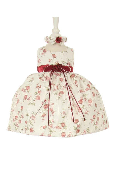 Little baby girl rose printed jacquard baby dress with bow hairband